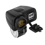 Priza USB x 2 si Voltmetru si termometru digital moto, led galben, culoare negru